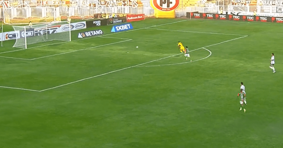 The ball sailed through the air and bounced over the opposition goalkeeper