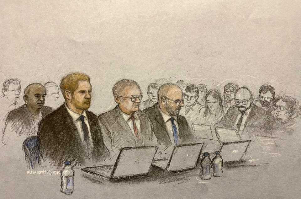 Court artist sketch of Baroness Doreen Lawrence (left) and the Duke of Sussex (second left)