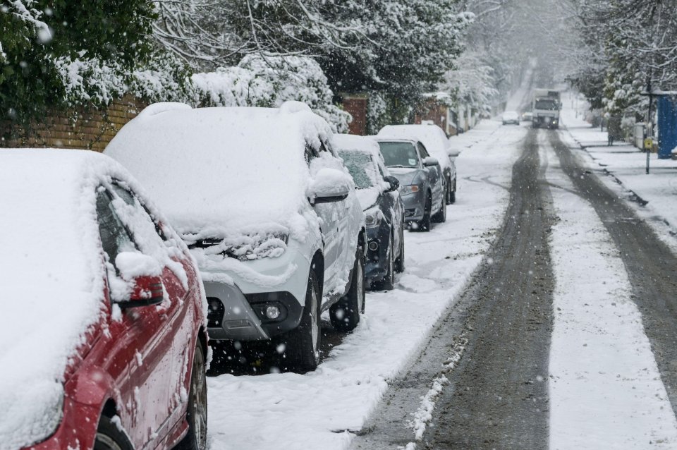 Heavy snow on a street in Birmingham