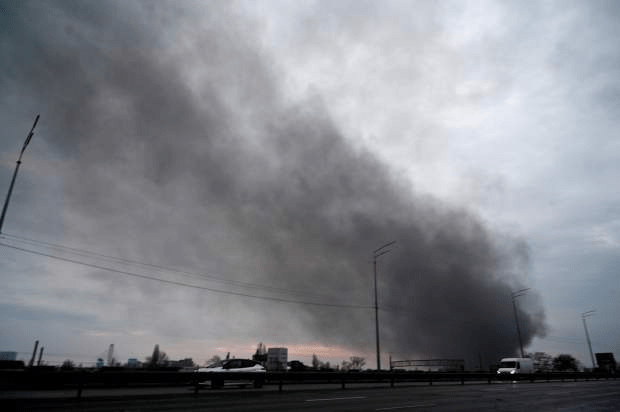 Smoke billows into the air after the Russian missile strike on Lviv recently just 90 miles away