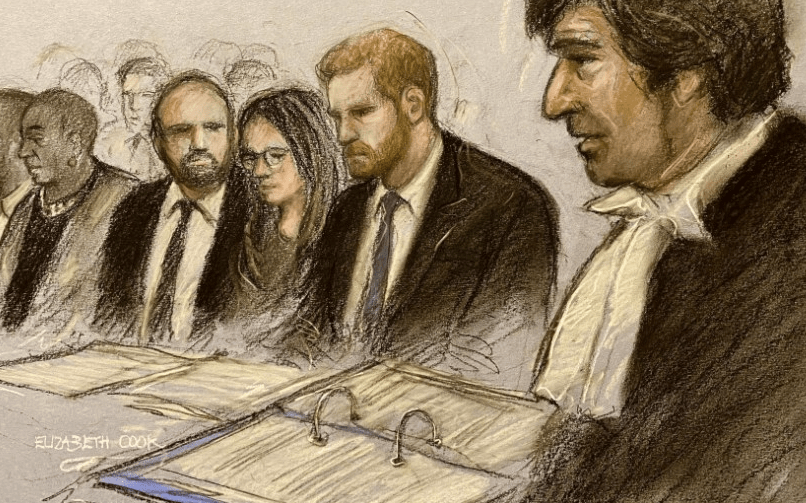 Court sketch showing the Duke of Sussex (second right) inside at the Royal Courts Of Justice on Monday