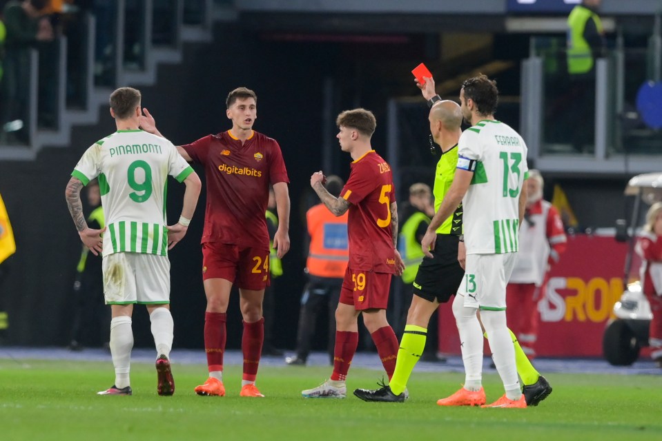 Marash Kumbulla was sent off as Roma lost at home to Sassuolo