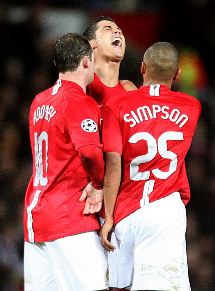 Simpson pictured with Ronaldo and Wayne Rooney celebrating a goal