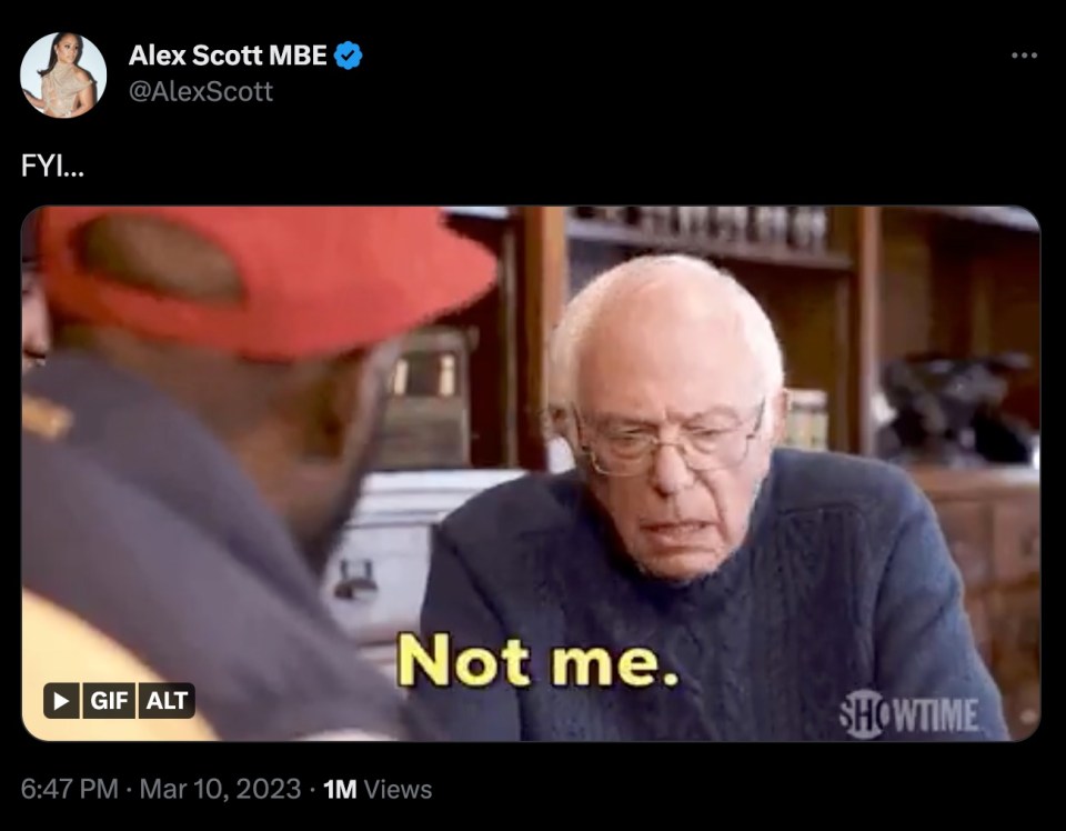 The ex-Lioness shared a meme of US politician Bernie Sanders saying: 'Nah… not for me'