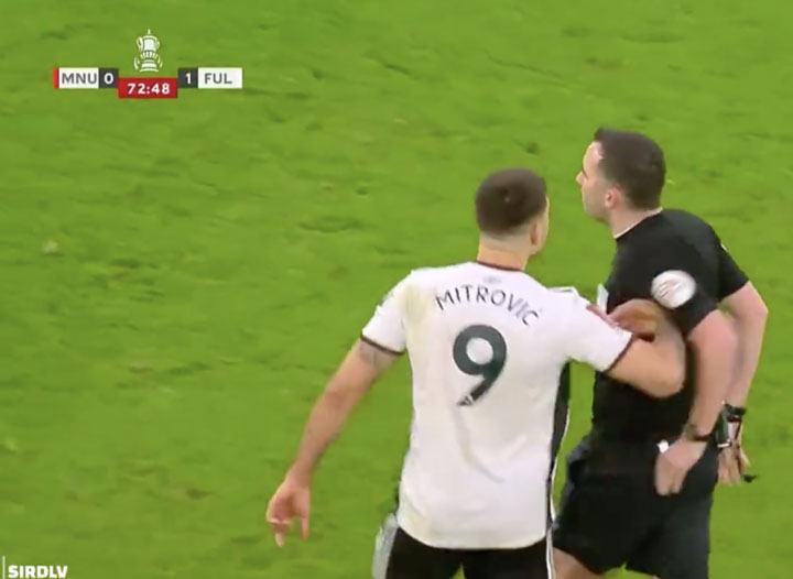 Aleksandar Mitrovic was sent off for pushing and screaming at referee Chris Kavanagh