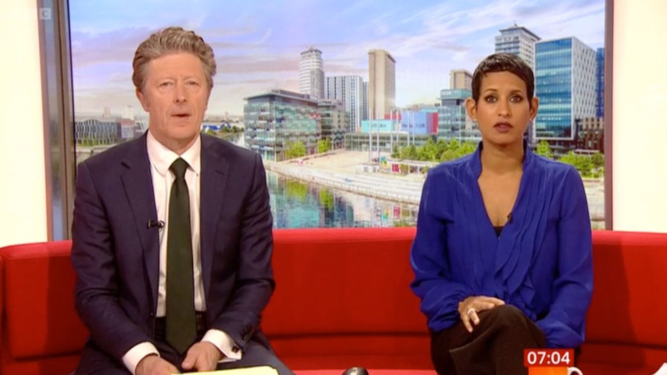 Naga and Charlie on the famous red sofa on BBC Breakfast