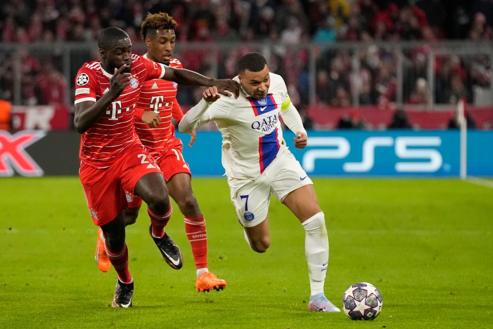 Kylian Mbappe, seen evading Bayern’s Dayot Upamecano on Wednesday night, could extend his PSG stay beyond next year