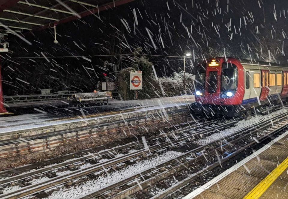 The white stuff falling at Amersham Tube station, Buckinghamshire, before sunrise