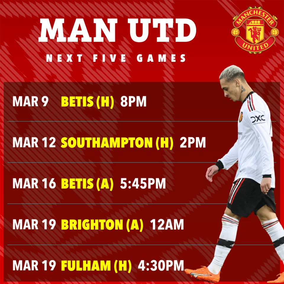 Man Utd's upcoming fixtures in March