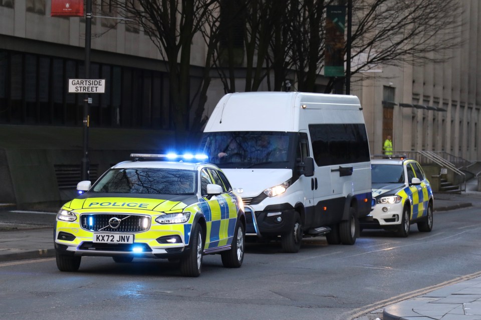 A police van arrives at Manchester Crown Court ahead of the trial on March 7