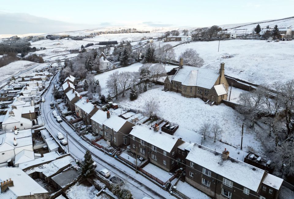 Snow surrounds Nenthead in the North Pennines in Cumbria today