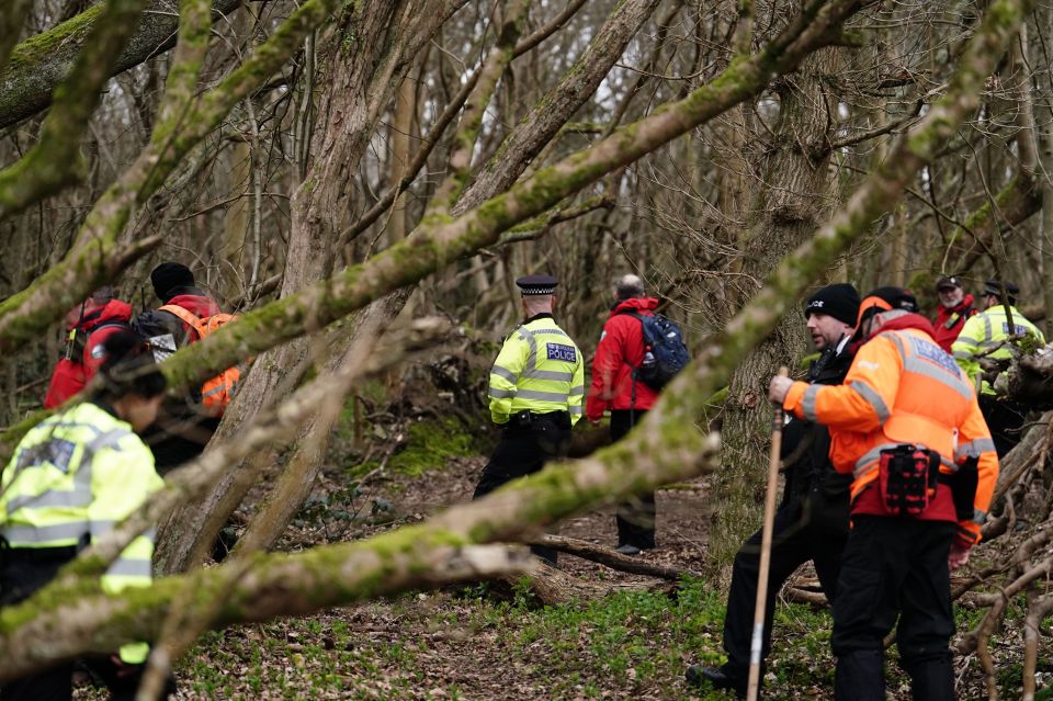 Groups of officers from the Metropolitan Police and London Search and Rescue scour the Moulsecoomb Wild Park on Wednesday