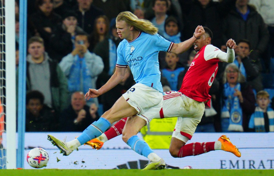 Man City dfns were much happier when they saw Erling Haaland in a more typical pose, rounding off a decisive victory over Prem leaders Arsenal