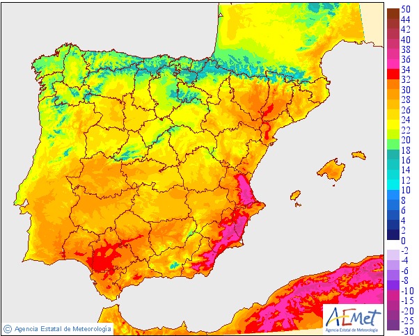 Temperatures across south eastern Spain are expected to hit 36C