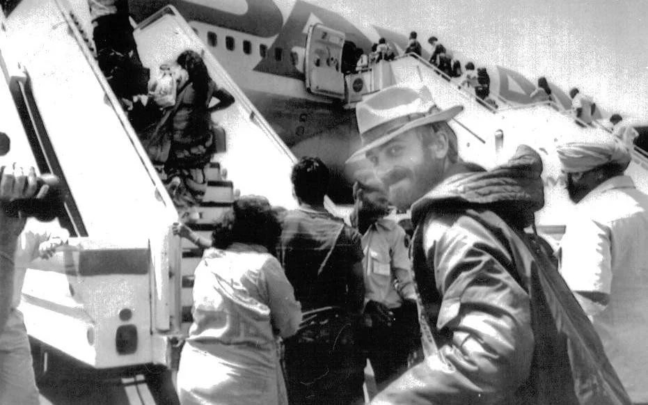 The calm before the storm - passenger Mike Thexton boarding the flight