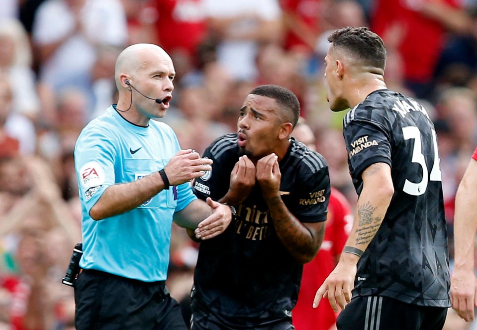 Gabriel Jesus and Granit Xhaka lead protests with referee Paul Tierney during Arsenal's 3-1 loss at Old Trafford in September