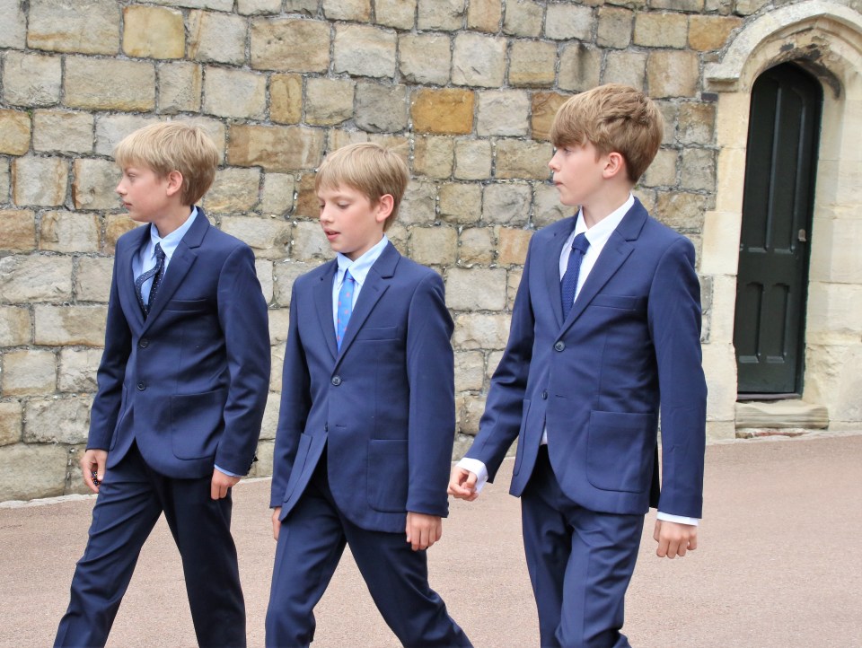 Camilla’s grandsons 13-year-old twins Gus and Louis Lopes, and Freddy Parker Bowles, 12