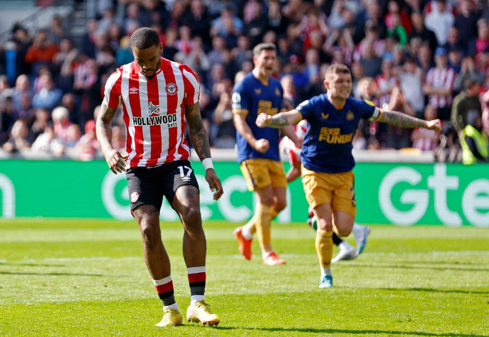 A distraught Ivan Toney looks away after his spot-kick failure - his first miss after 22 perfect pens in a row