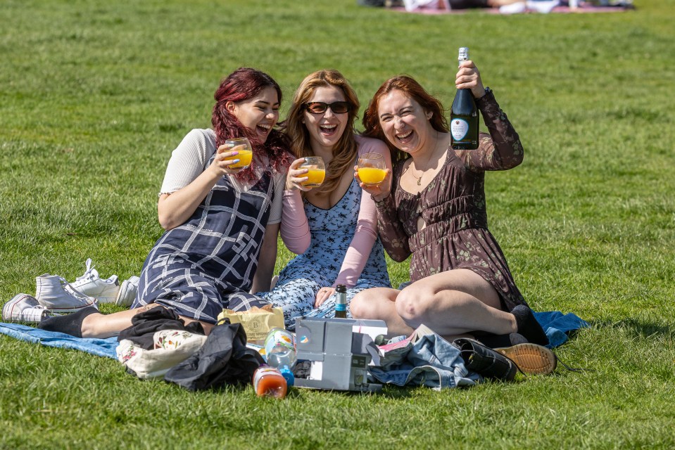 A sunny picnic like this trio enjoyed on Richmond Green, South London on April 9 may be on the minds of many