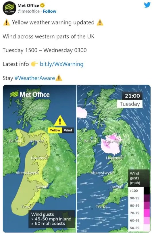 The Met Office's warning for today runs on the UK's western coast and into Northern Ireland