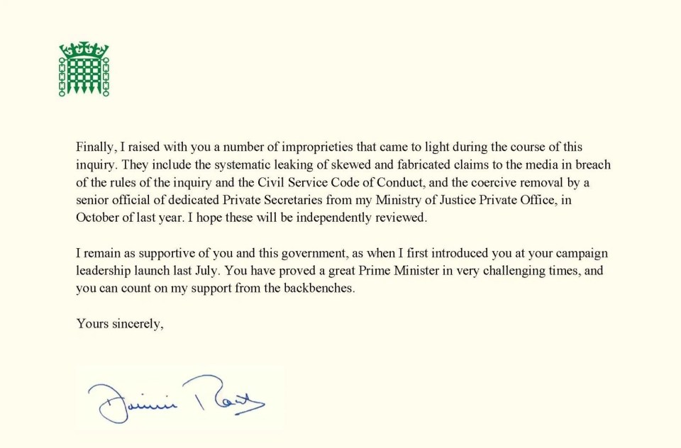 But he promised to remain loyal to the Prime Minister in the second page of his letter