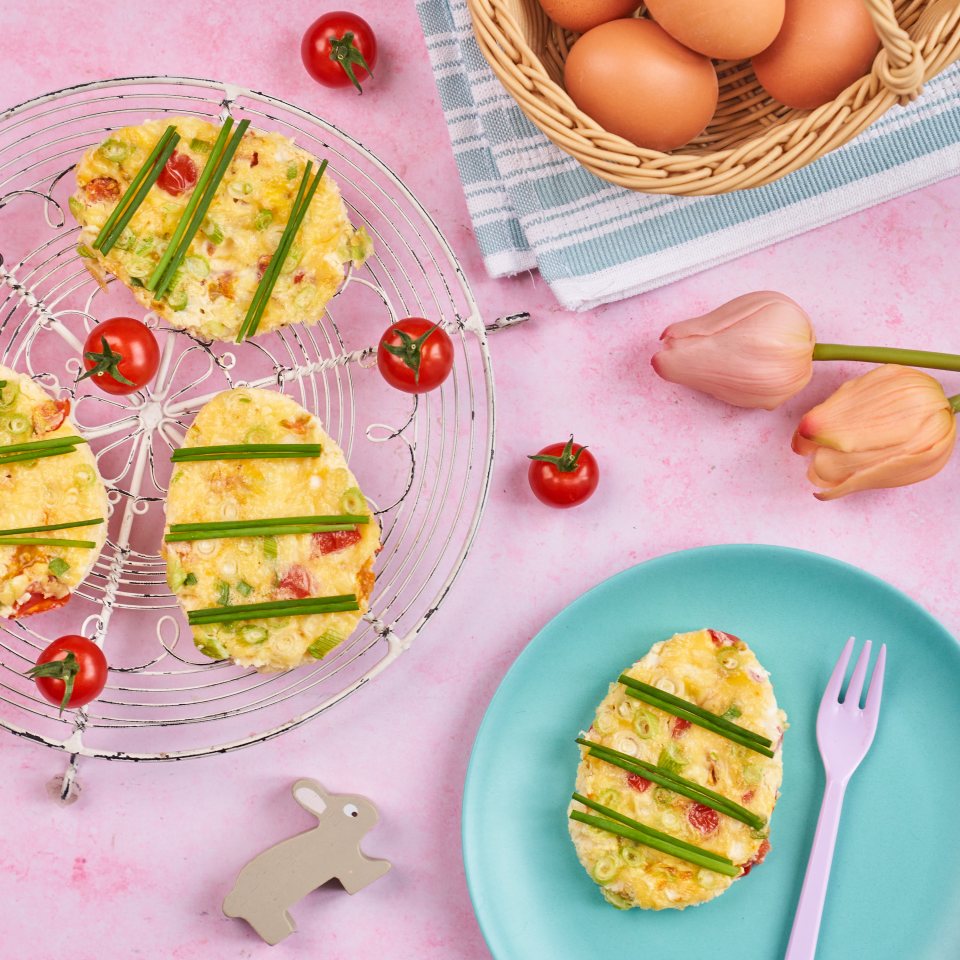 These Easter Egg frittatas look great on a plate decorated with chives