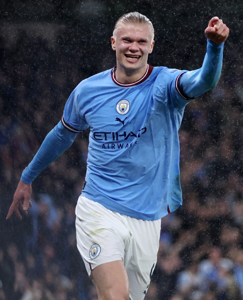 MANCHESTER, ENGLAND - MARCH 18: Erling Haaland of Manchester City celebrates after scoring the team's second goal during the Emirates FA Cup Quarter Final match between Manchester City and Burnley at Etihad Stadium on March 18, 2023 in Manchester, England. (Photo by Clive Brunskill/Getty Images)