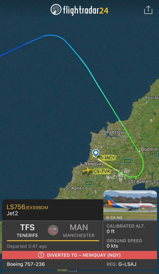 The route the flight took after having to emergency land at Newquay following the passenger's deteriorating health