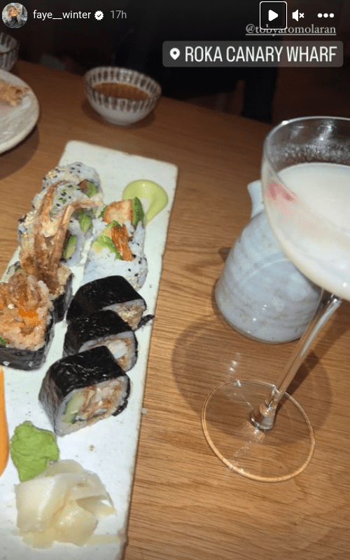 Faye shared a picture of her tasty sushi dinner with Toby Aromolaran