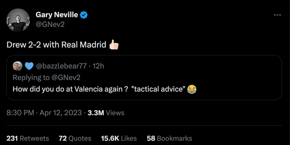 Neville was mocked over his 'tactical advice' but hit back at the troll by pointing he guided Valencia to a 2-2 draw against Real