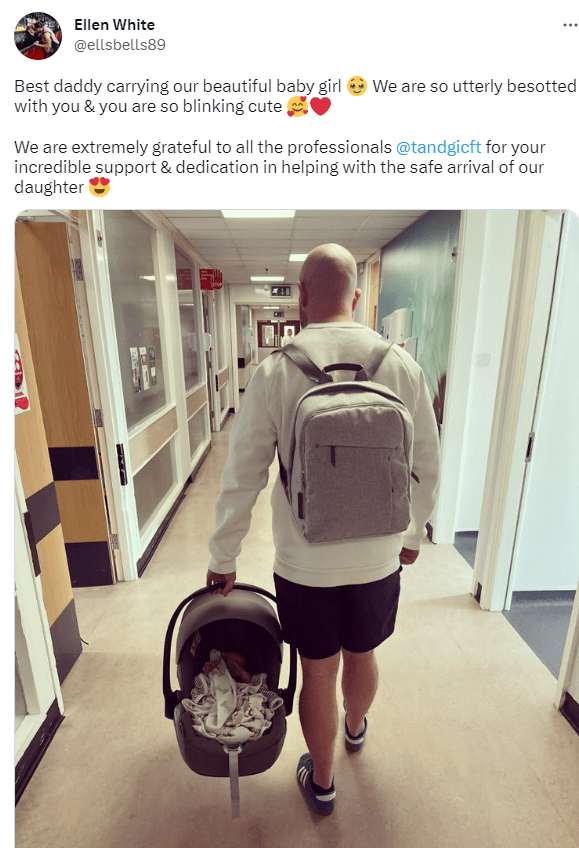 The retired England heroine shared a picture via her social media of her husband        carrying their little girl