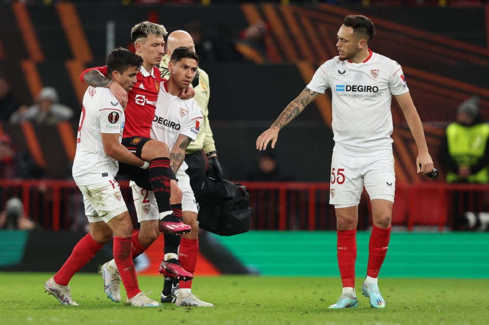 Martinez was carried off by international team-mates Marcos Acuna and Gonzalo Montiel