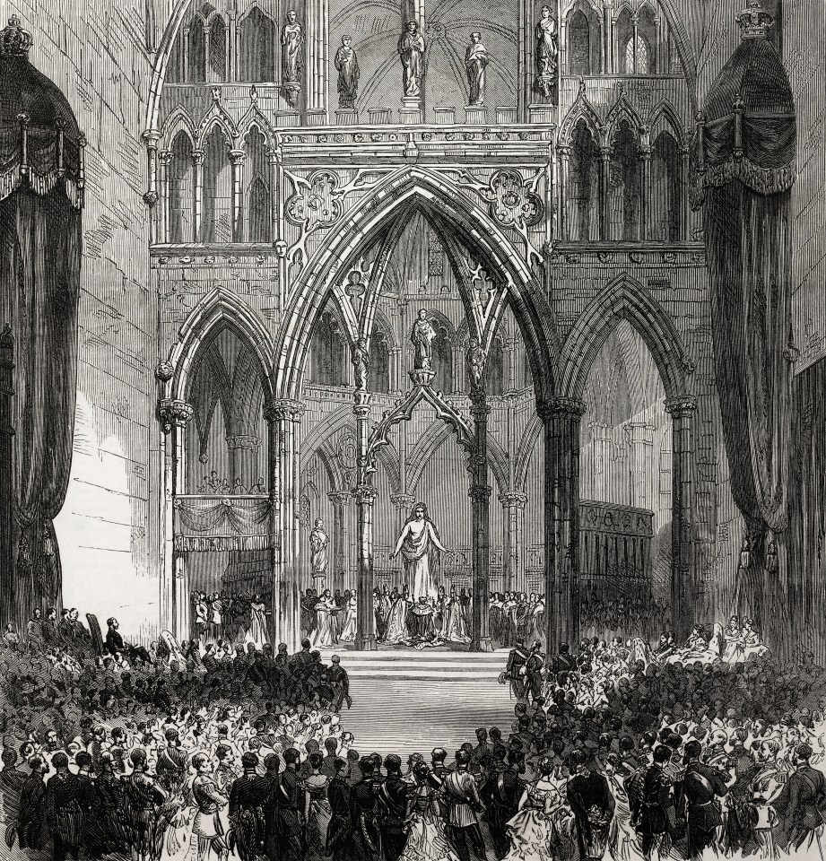 An illustration of the coronation of Oscar II, King of Sweden and Norway, in Trondheim Cathedral in 1873