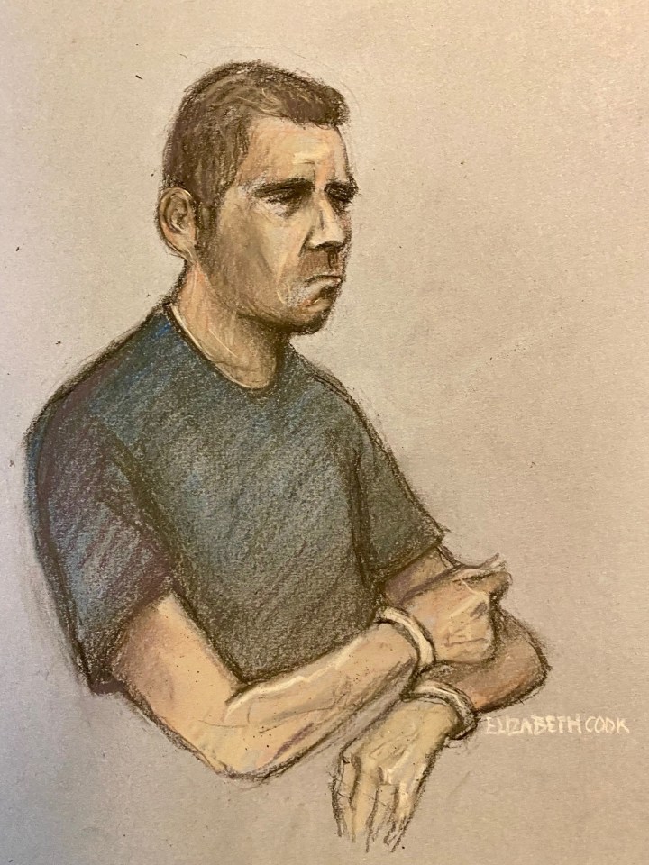 Court sketch of Paul Russell appearing in the dock at Liverpool Magistrates’ Court