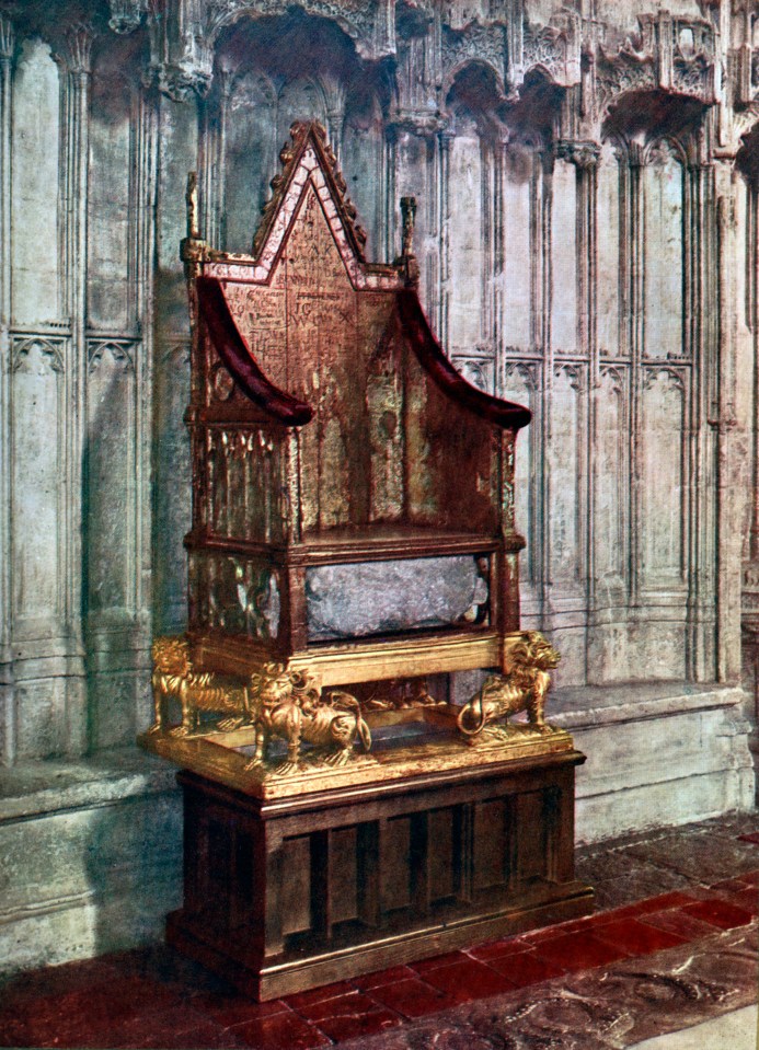 The Coronation Chair with the Stone of Destiny in Westminster Abbey in 1937