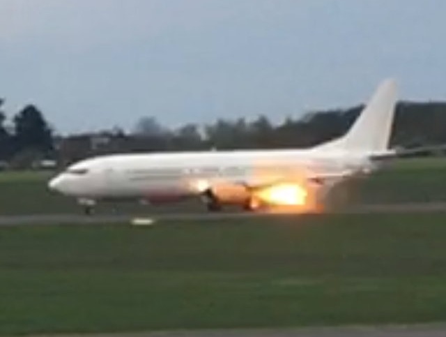 Photo shows the moment the Boeing 737's engine caught fire during takeoff