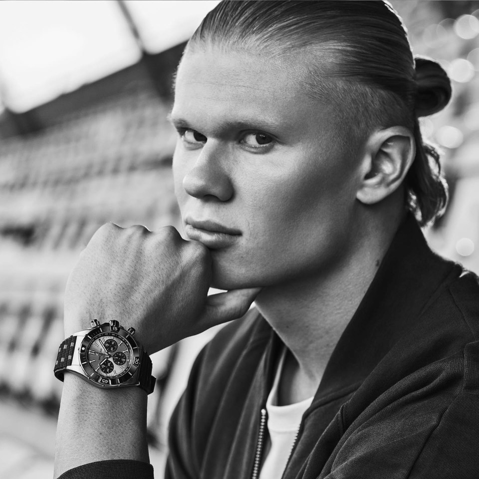 Luxury Swiss watchmakers Breitling made Haaland an ambassador of the brand – and he’s seen here wearing their Chronomat GMT 40 worth £4,700