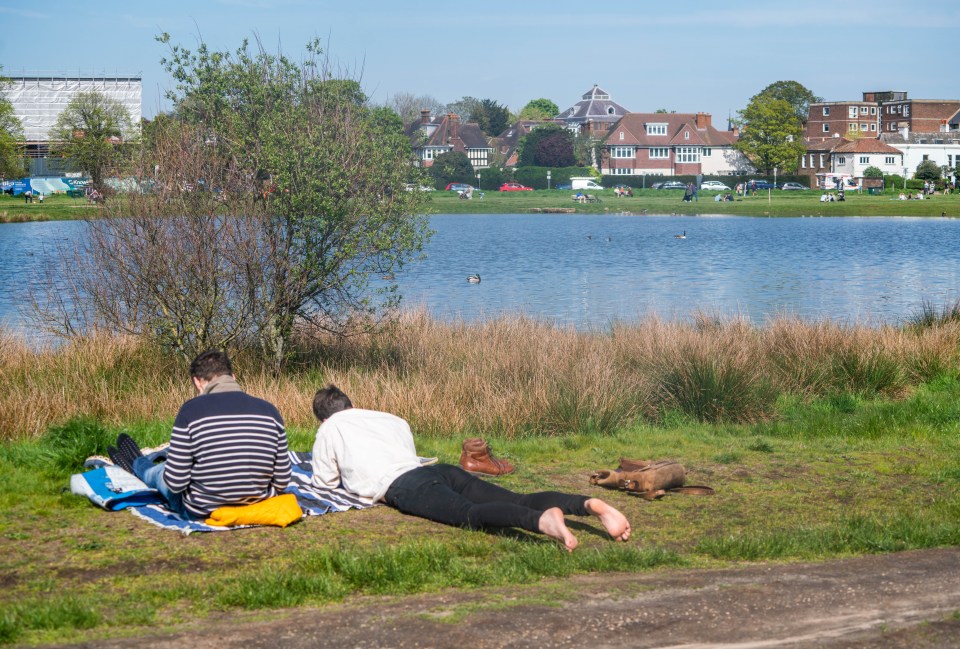 Friends enjoy the warm spring sunshine on Wimbledon Common, south west London