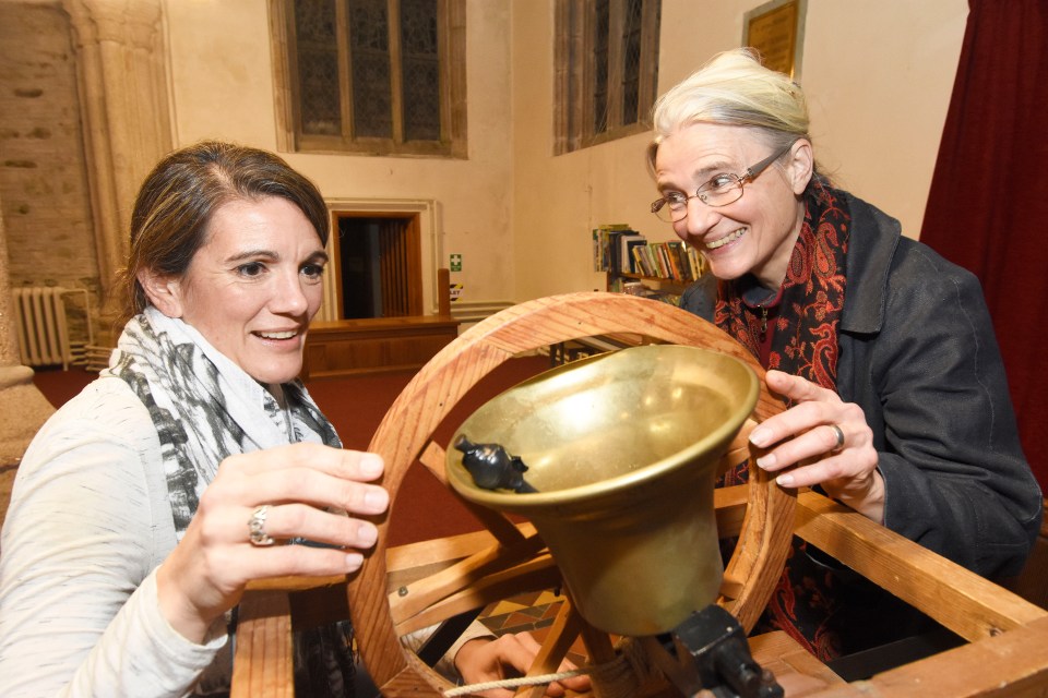 Barbara Hocke gives Clare a lesson on a miniature bell