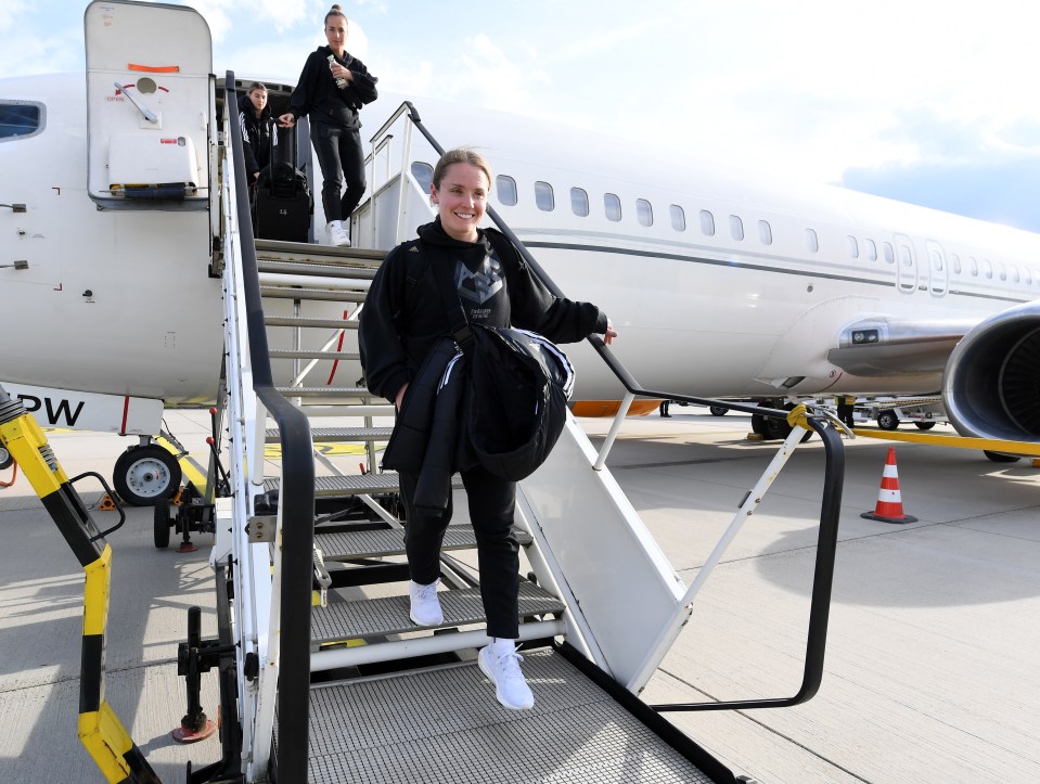 Arsenal star Kim Little arrives at Wolfsburg Airport on April 22 before the Champions League tie