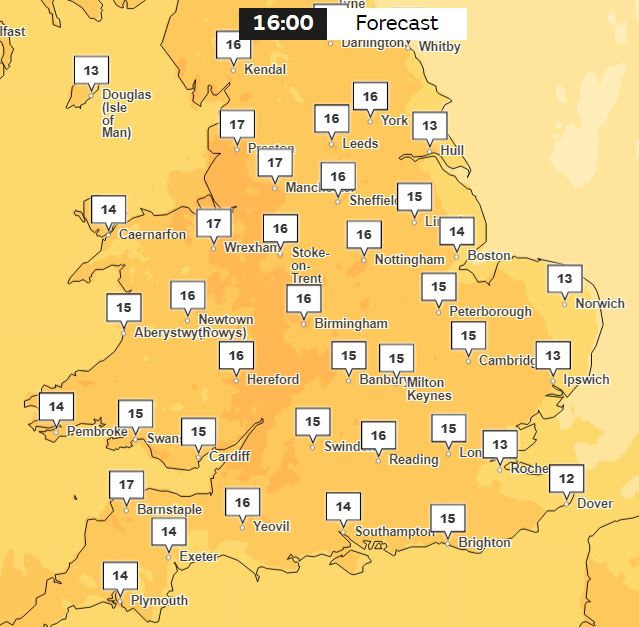 The mercury is predicted to nudge 17C in some areas by Sunday