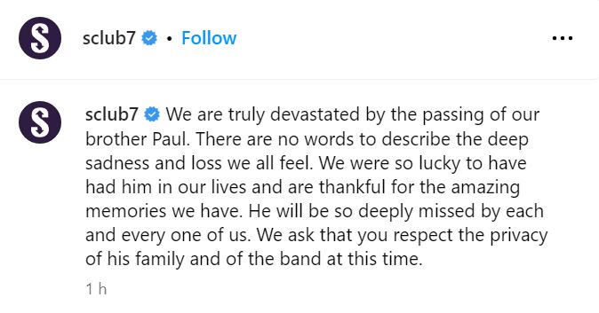 They paid tribute to Paul in an Instagram post today