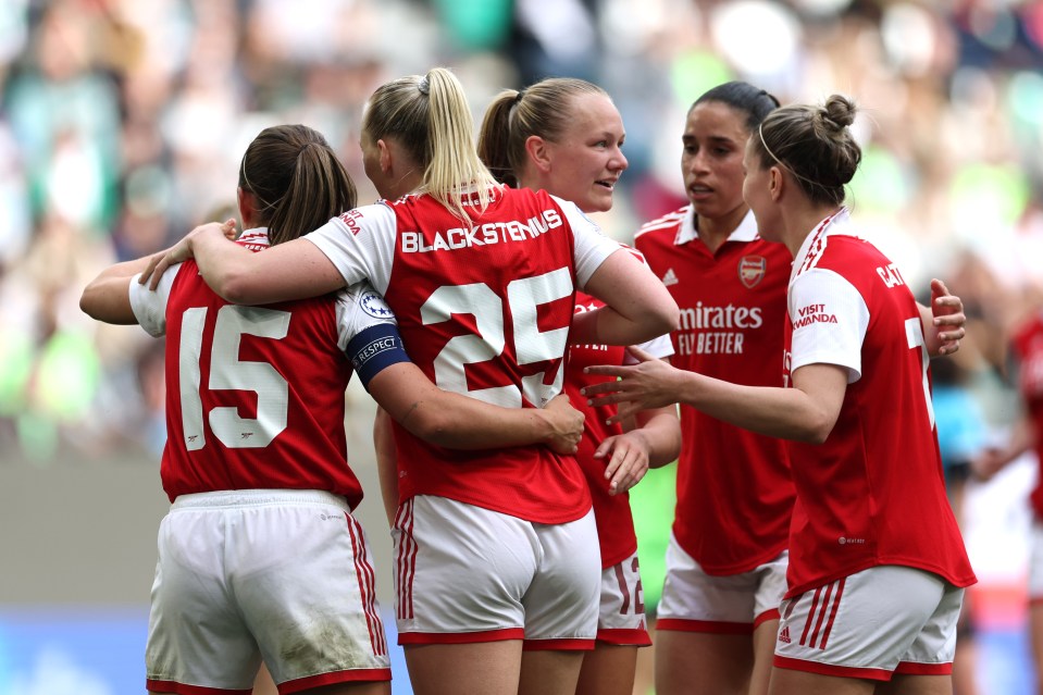 Stina Blackstenius celebrates with teammates after scoring the team’s second goal