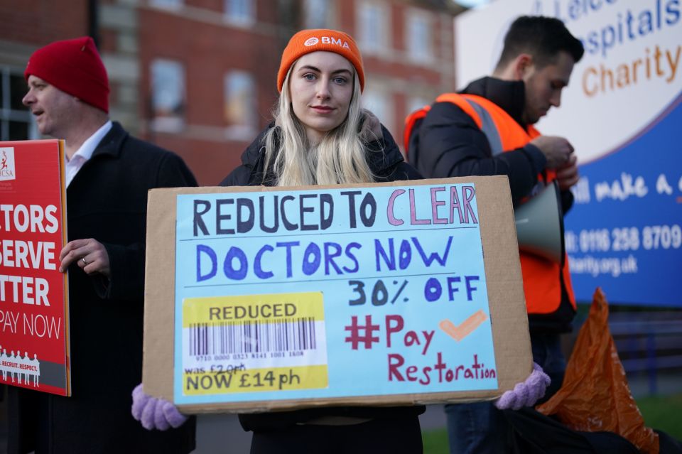 Striking NHS junior doctors on the picket line outside Leicester Royal Infirmary as the BMA holds a 96-hour walkout