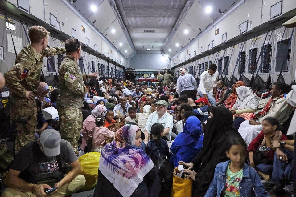 British Nationals seen at Wadi Seidna Air Base in Khartoum during the evacuation