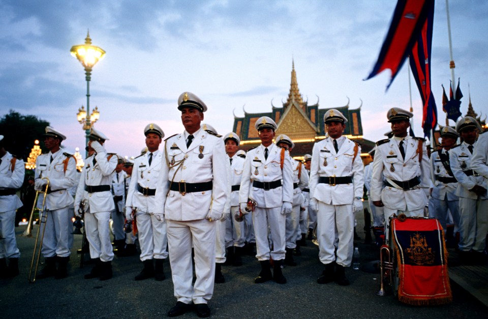 A military honour guard standing through the coronation ceremony for King Norodom Sihamoni in Cambodia in 2004