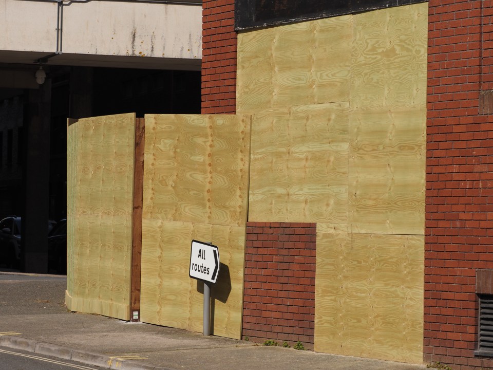 Buildings are boarded up