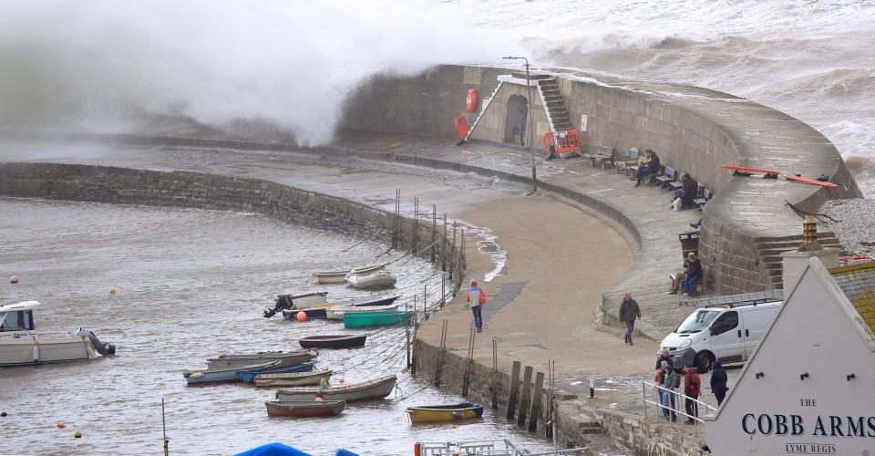 Storm Noa batters the seafront in Lyme Regis, Dorset, today