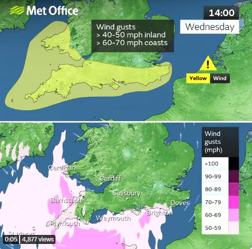 The Met Office has extended its Wednesday warning to cover all of England's south coast