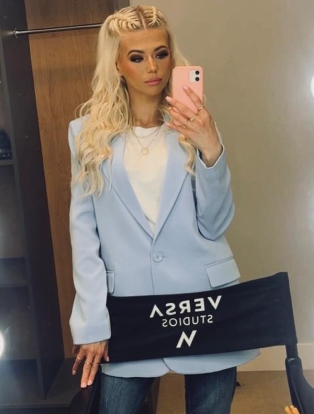 Danielle Harold looked glamourous in a blue blazer and jeans